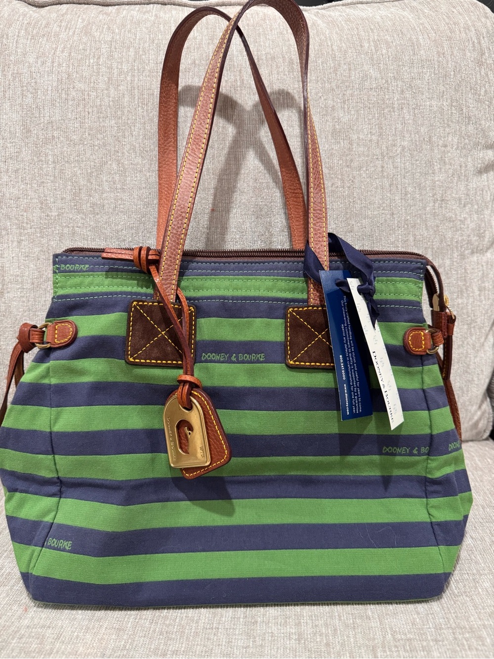 Dooney & Bourke Green and Navy Striped Tote Bag